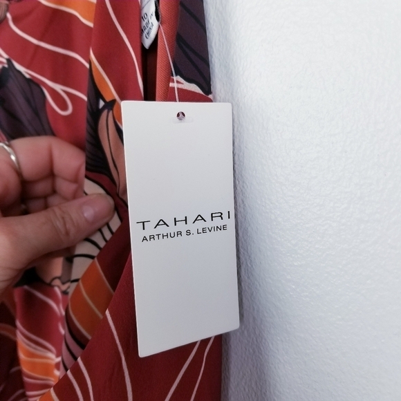 Tahari ASL High Tie Neck Sleeveless Multi Print Fit & Flare Satin Dress NWT - Picture 6 of 16